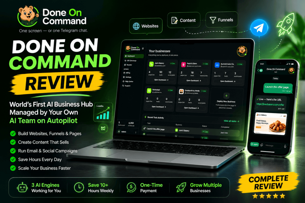 Done On Command Review hero banner featuring AI business automation platform, dashboard interface, key features, and complete product overview.